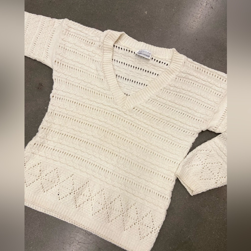Vintage Open Knit Maven USA Cotton V Neck Sweater L Preppy Tennis Boho Cottage
